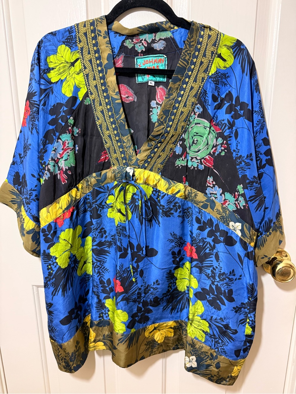 Johnny Was Blue Floral V-Neck Kimono Blouse